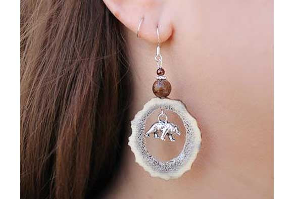 Montana Elk Antler Earrings w/ Silver Bear Charm