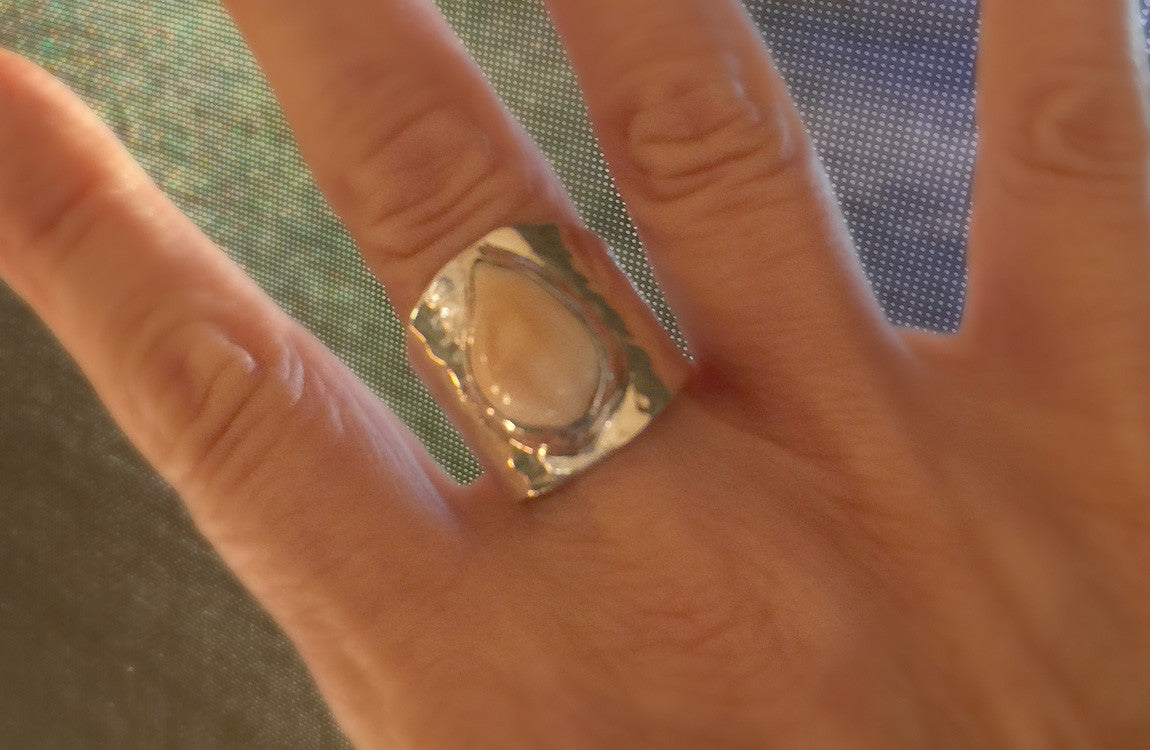 Elk Ivory Ring, Hammered Sterling