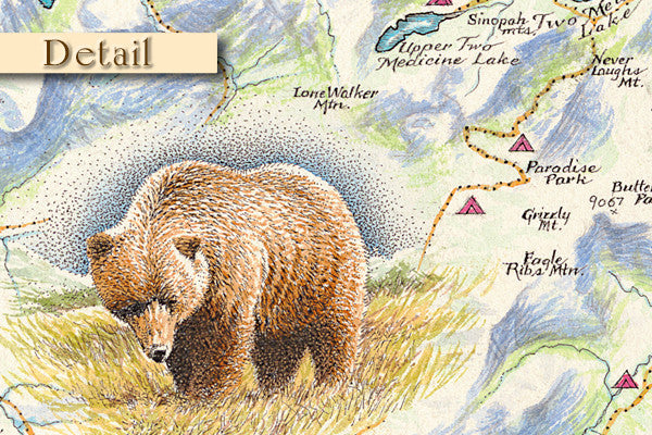 Glacier Park Hand Drawn Map Detail 2