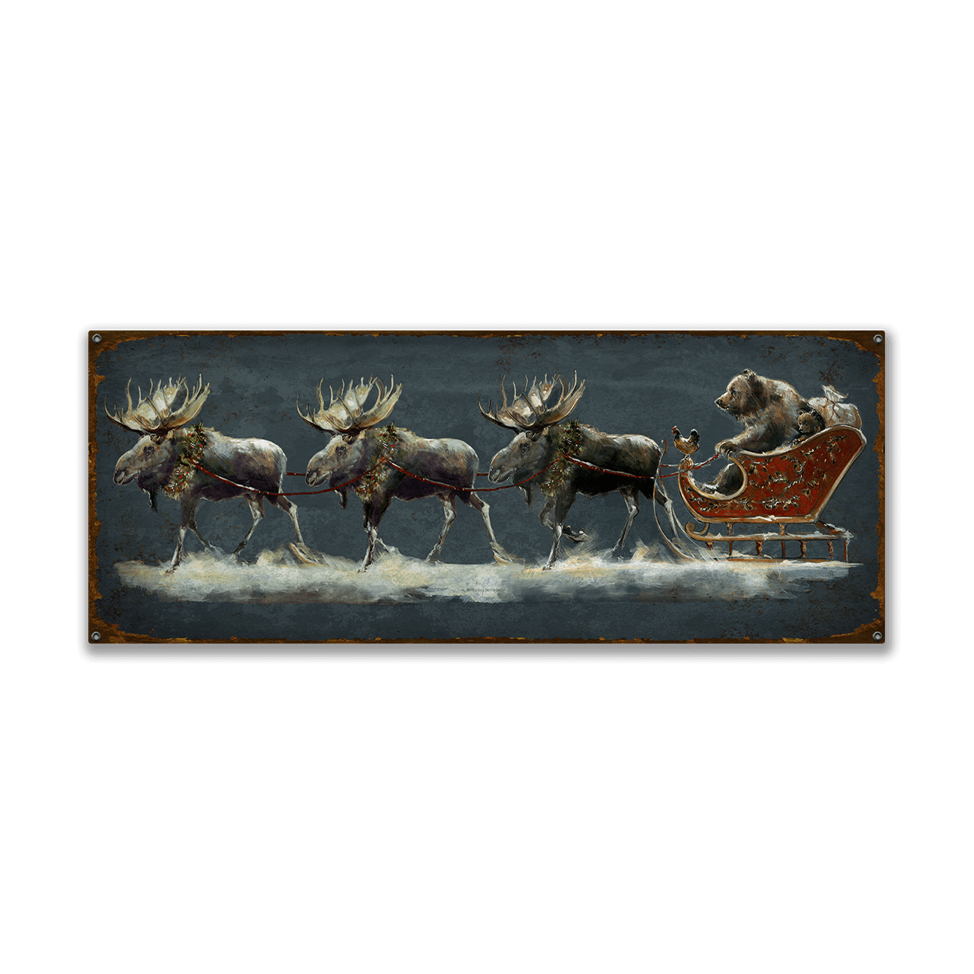 Santa Grizzly Sleigh with Moose Wall Art