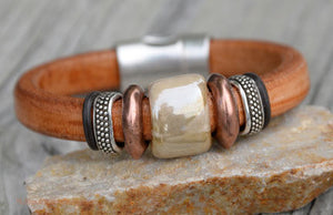 Light Color Leather Bracelet, Glass Bead