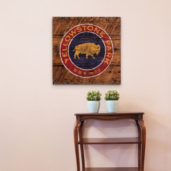 Yellowstone Bison Blue Background Vintage Sign