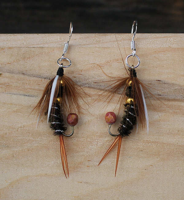 Fly Fisherman Earrings, Red Black and Tan Feather Jewelry Gift for
