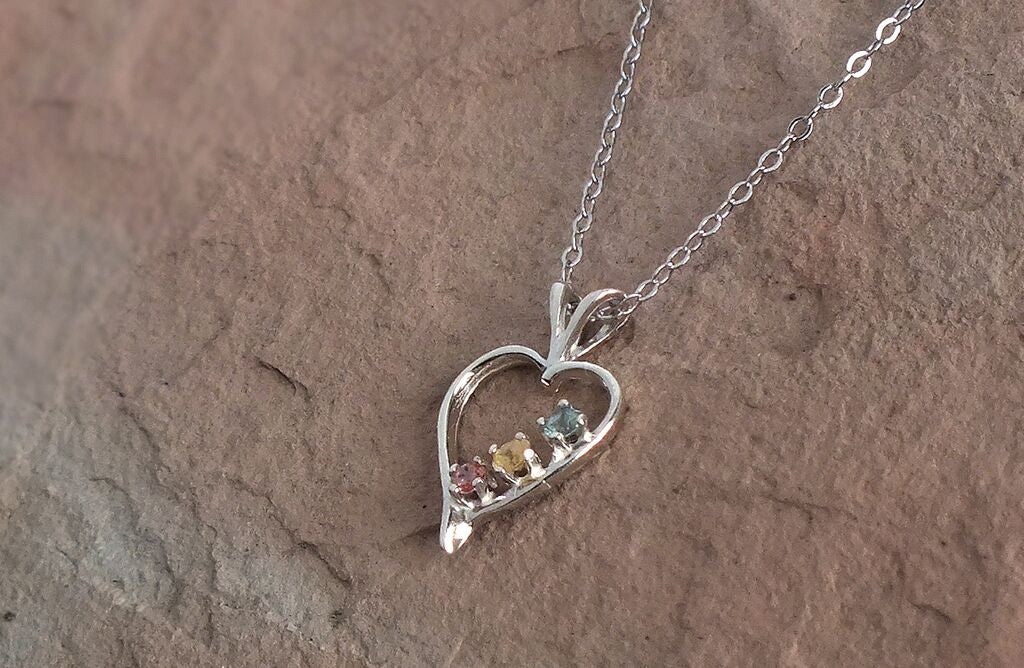 Montana Sapphire Necklace, 3-stone Multi-Color Sterling Heart