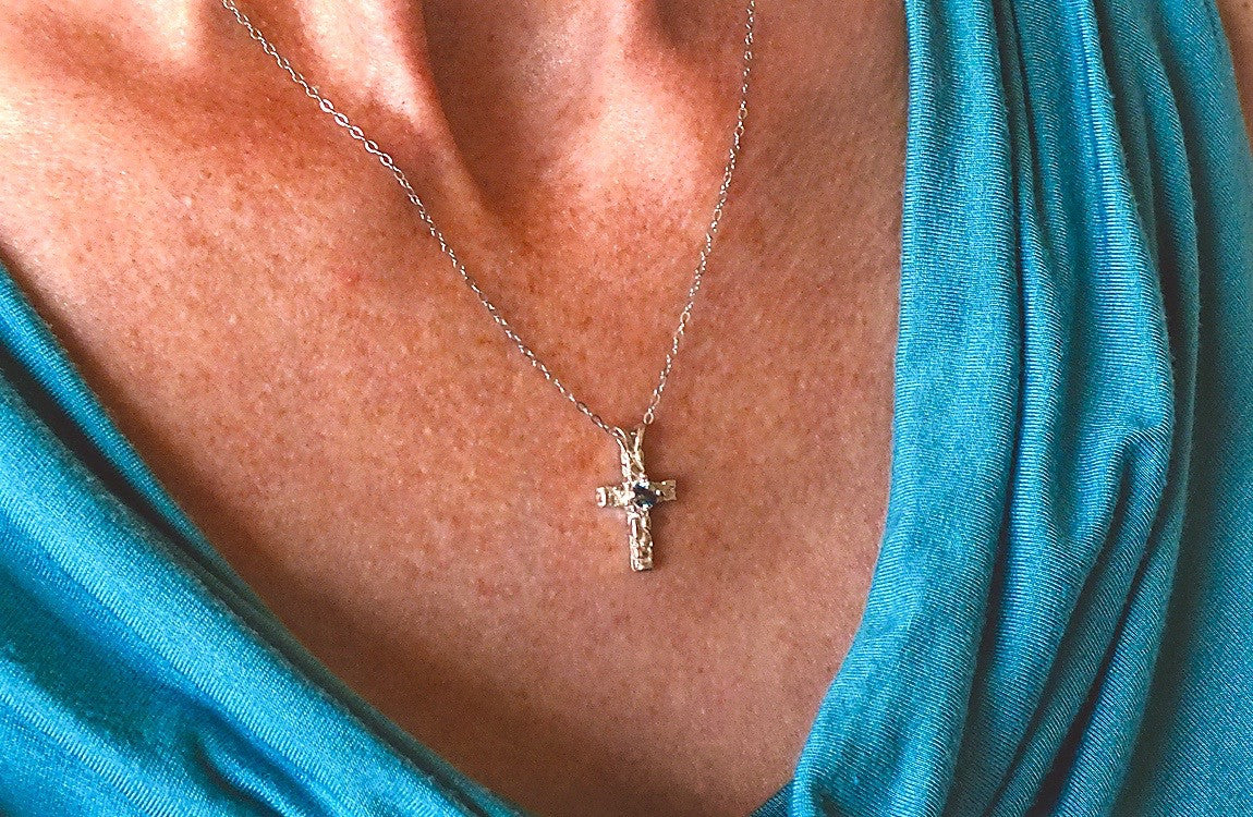Montana Sapphire Necklace, Sterling Silver Cross