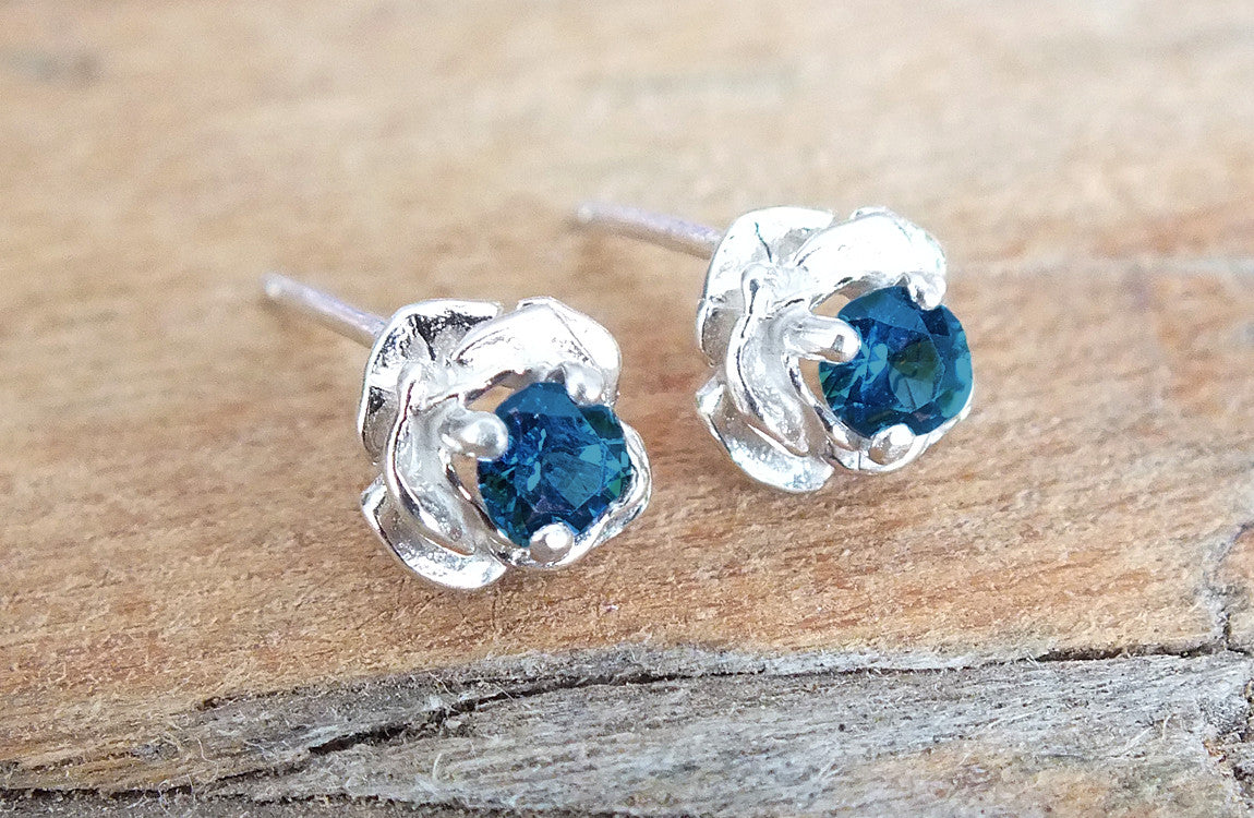 Sterling Rose Stud Montana Sapphire Earrings