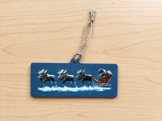Santa Grizzly Sleight with Moose Ornament