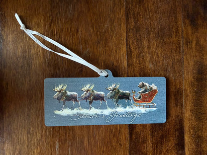 Santa Grizzly Sleight with Moose Ornament