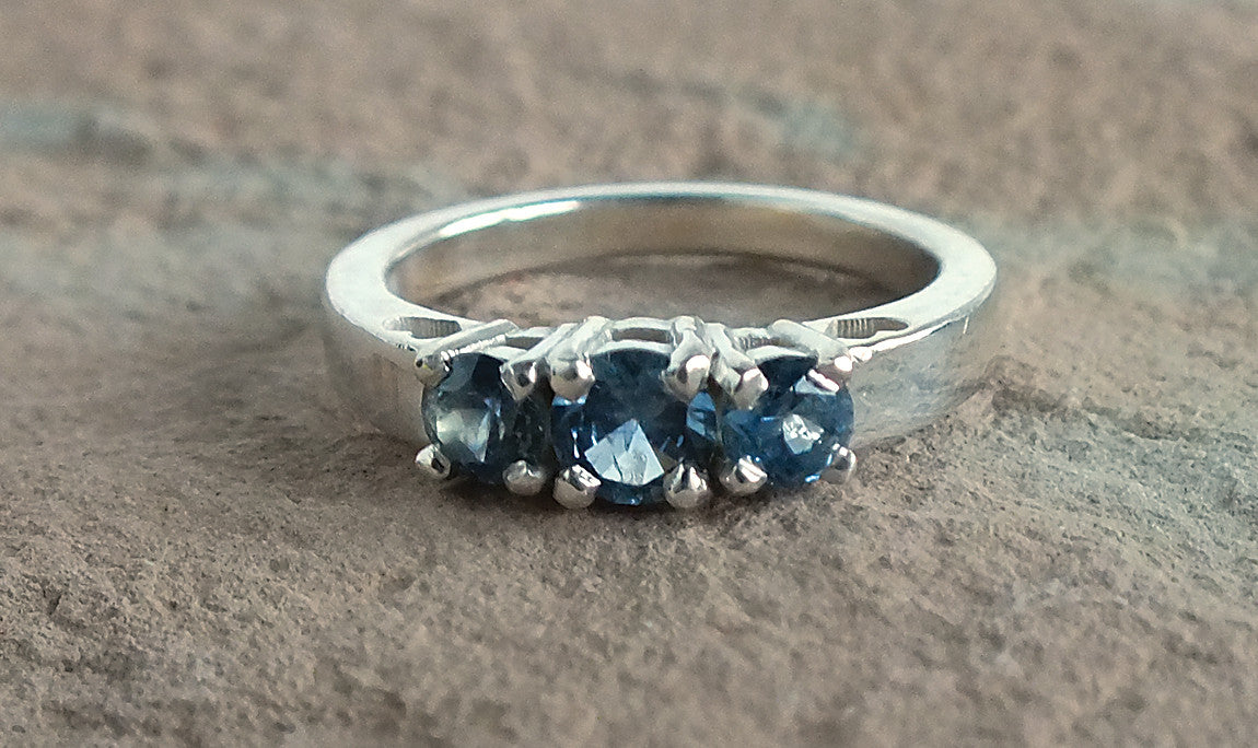 Antique Round Cut White CZ & Blue Sapphire 3 Stone Anniversary 935 Silver  Ring | eBay
