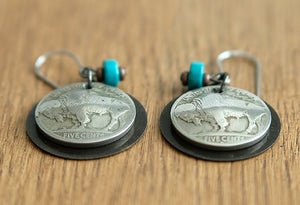 Buffalo Nickel Disk with Turquoise Earrings