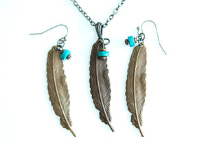 Brass Feather with Turquoise Earrings