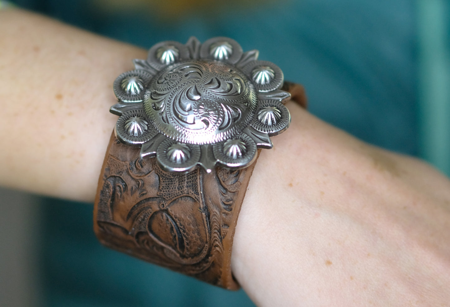 Tooled Cuff Bracelet with Round Concho (Small or Large)