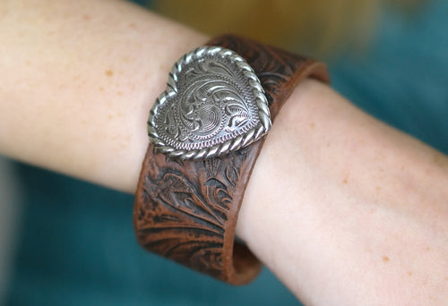 Tooled Cuff Bracelet with Heart Concho
