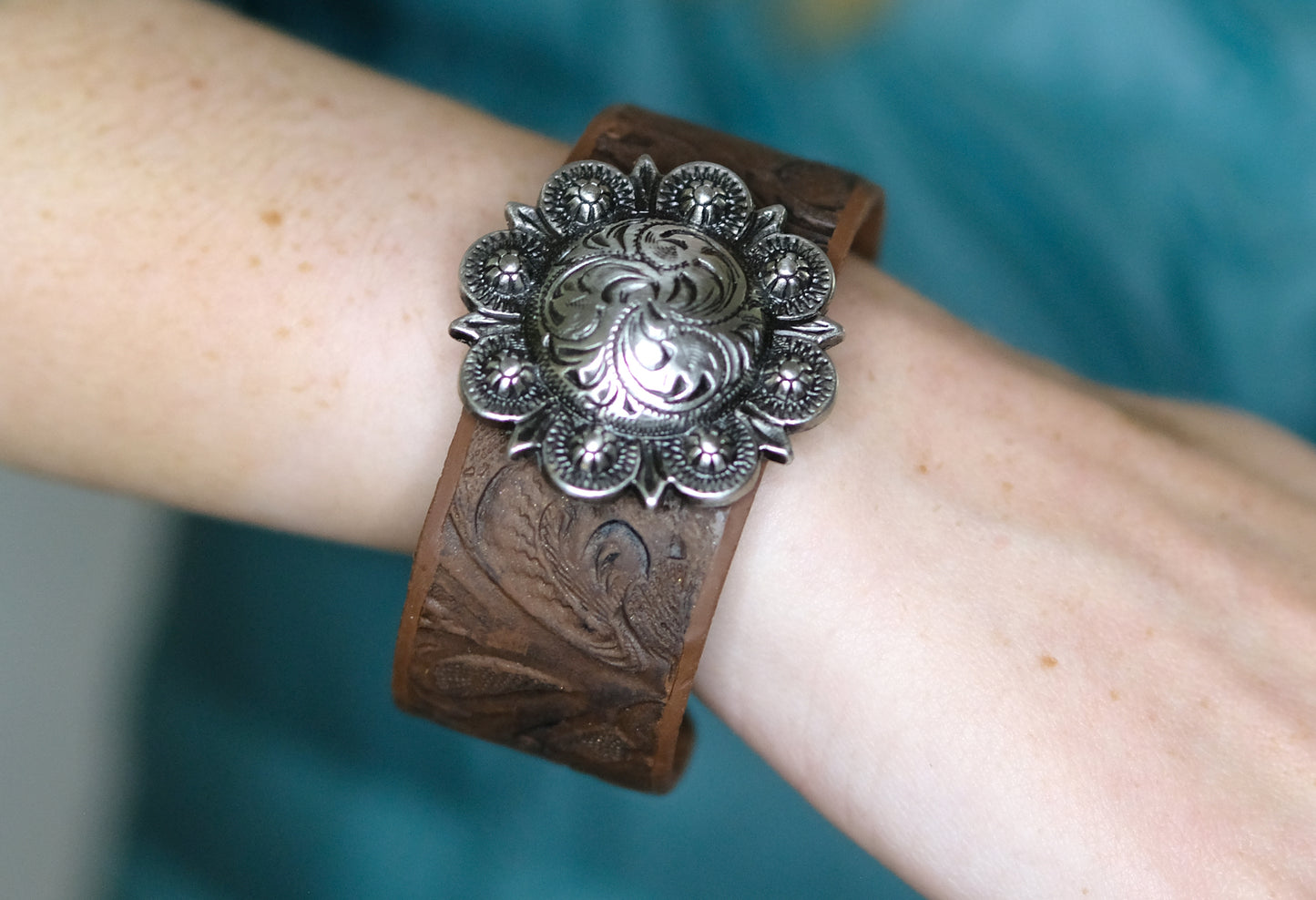 Tooled Cuff Bracelet with Round Concho (Small or Large)