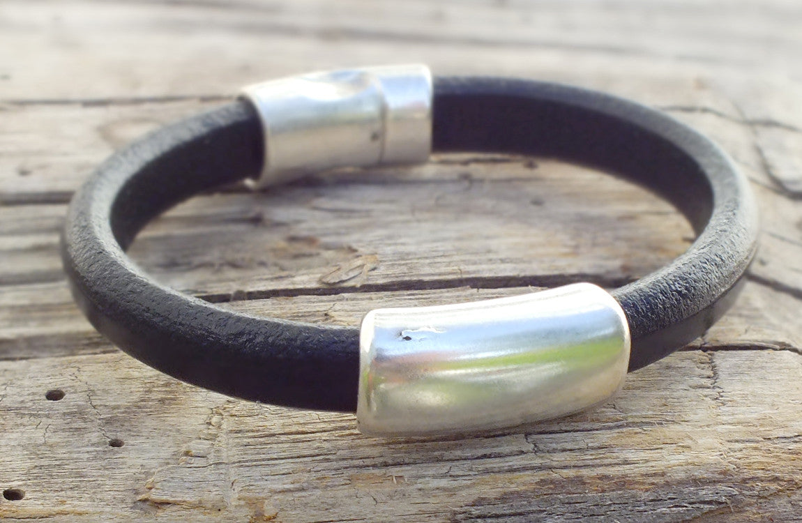 Black Leather Bracelet, Sterling Clasp