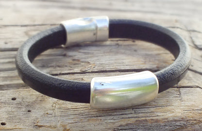 Black Leather Bracelet, Sterling Clasp