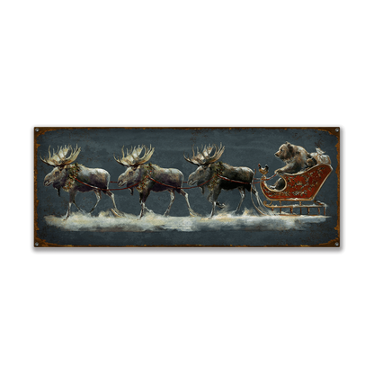 Santa Grizzly Sleigh with Moose Wall Art