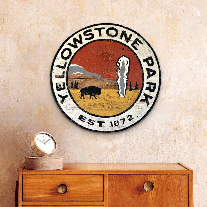 Yellowstone with Bison & Geyser Round Shape Vintage Sign