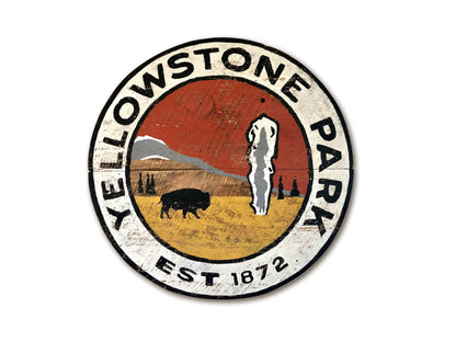 Yellowstone with Bison & Geyser Round Shape Vintage Sign