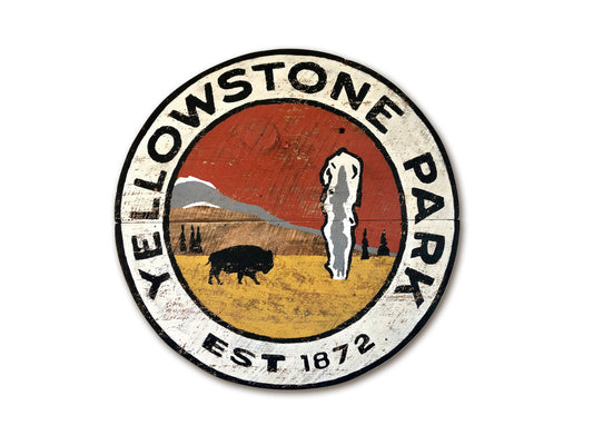 Yellowstone with Bison & Geyser Round Shape Vintage Sign