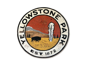 Yellowstone with Bison & Geyser Round Shape Vintage Sign