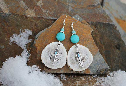 Turquoise Feather Elk Antler Earrings