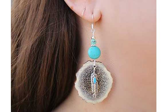Turquoise Feather Elk Antler Earrings