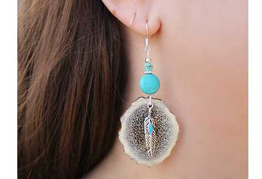 Turquoise Feather Elk Antler Earrings