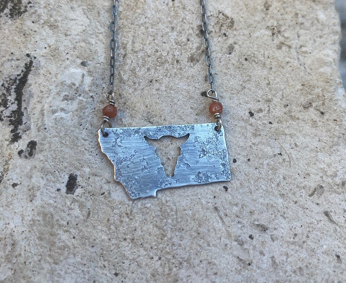 Montana Steer Skull Sunstone & Sterling Necklace