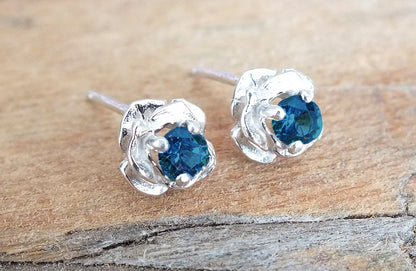 Sterling Rose Stud Montana Sapphire Earrings